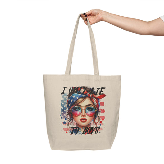 Chic Double Sided Print Canvas Tote Bag 'I Only Lie To Boys' Stylish Shopping, Eco-Friendly Carry-All, Cheshire Moon T-Shirts and Designs