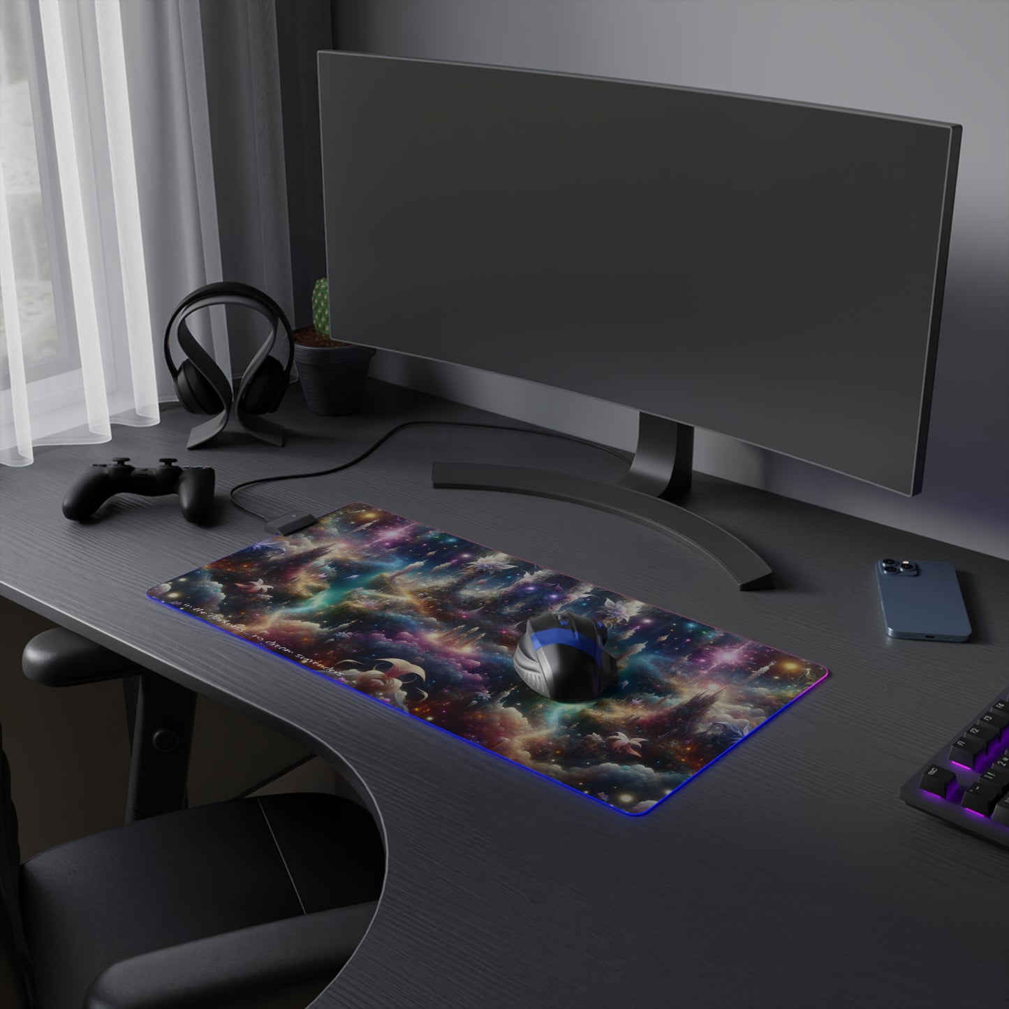 "No Dream Surrenders" LED Gaming Mouse Pad - RGB Gamer Desk Mat - Cheshire Moon T-Shirts and Designs